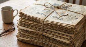 Stacked period newspapers from multiple countries arranged to suggest international coverage of a 1953 event.