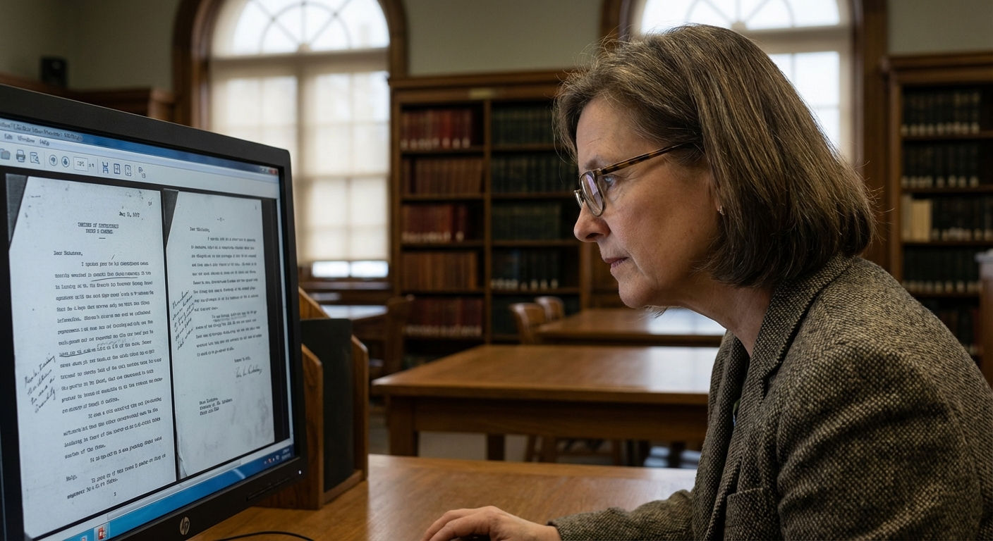Archivist at a reading table viewing scanned documents on a screen in a subdued library room.