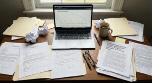 A close-up desk with audit letters, a laptop showing a Merkle tree, and timeline papers in natural light.
