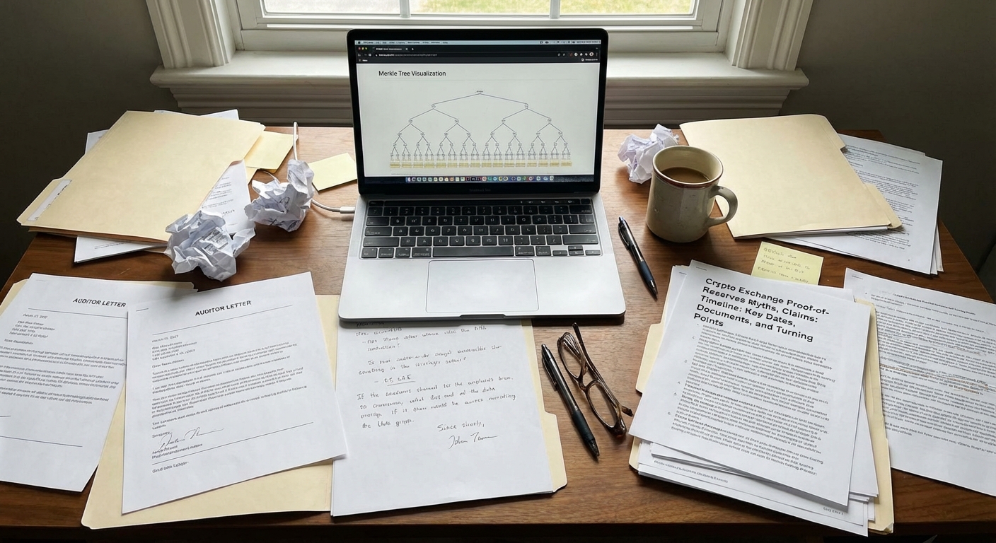 A close-up desk with audit letters, a laptop showing a Merkle tree, and timeline papers in natural light.