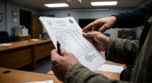 Hands holding an audit attestation and pointing to figures on a sheet in a formal office setting.