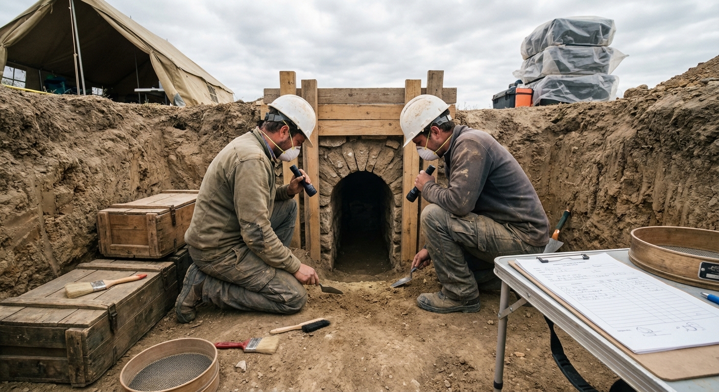 Archaeological team in protective gear photographing and documenting a newly uncovered chamber entrance.