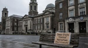 City street view showing government and institutional buildings clustered together, low-contrast sky.