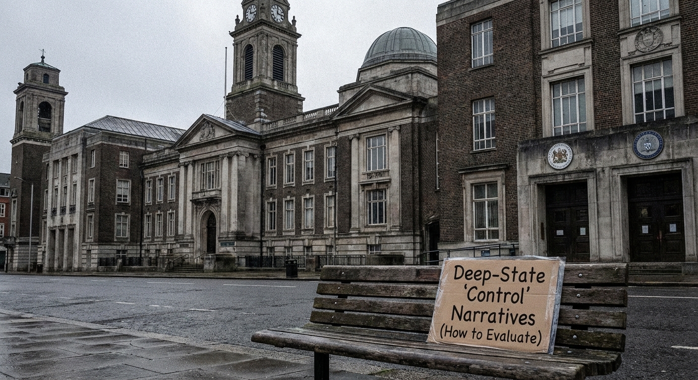 City street view showing government and institutional buildings clustered together, low-contrast sky.