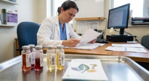 A clinician reading a chart with labeled blood and urine vials on the desk in a clinical office.