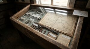A modest museum exhibit with historical photos, a region map, and artifacts under glass lighting.