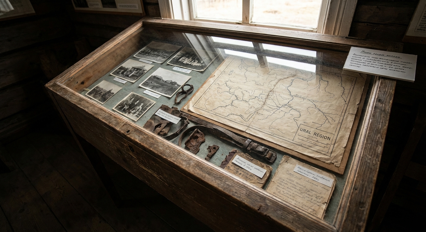 A modest museum exhibit with historical photos, a region map, and artifacts under glass lighting.