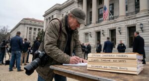 News photographer outside a government building, folders and legal papers on a table in foreground.