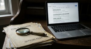 Magnifying glass and public records on a table next to a laptop showing search results.