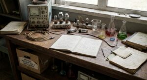 Laboratory bench with glassware and notebooks suggesting experimental replication work, no logos or text.
