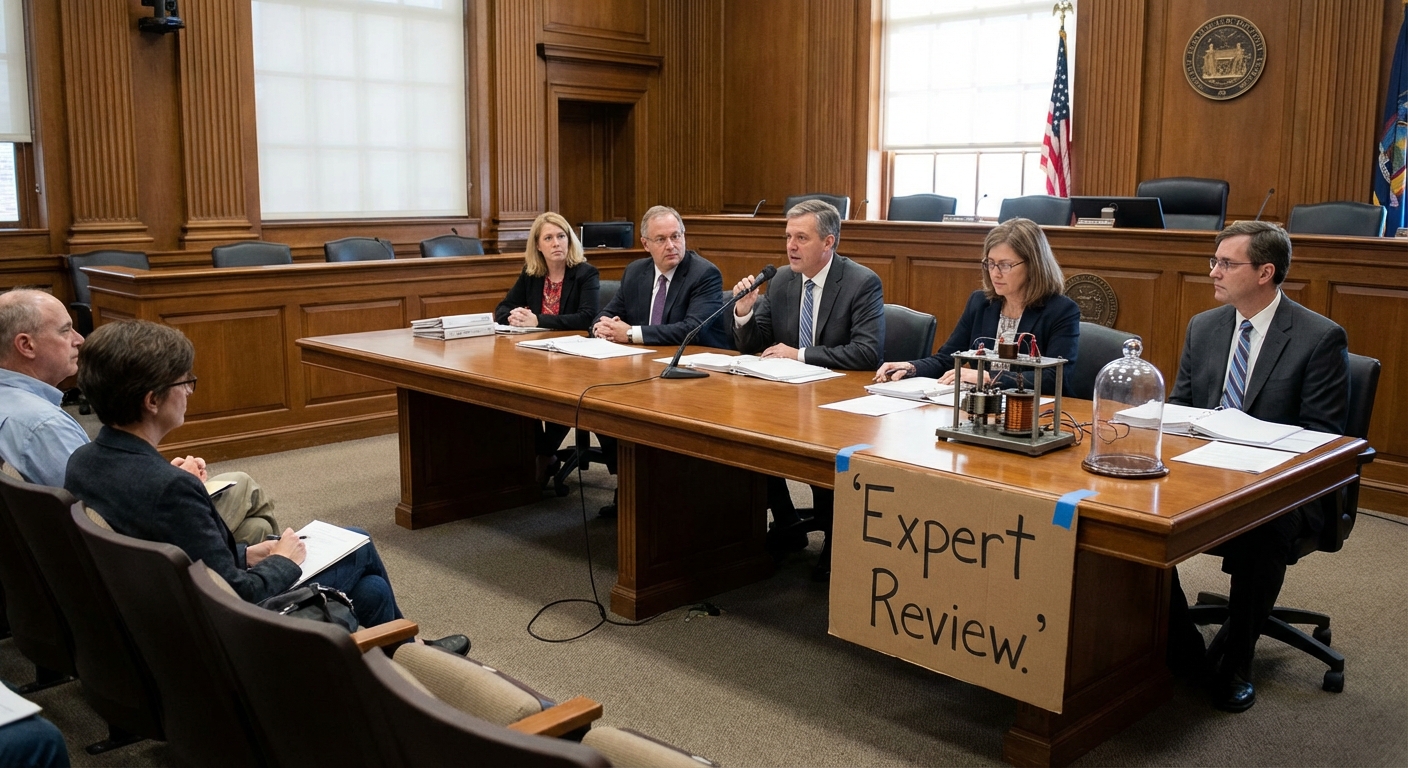 Panel of scientists and legal experts in a formal hearing space reviewing documents and a small device.