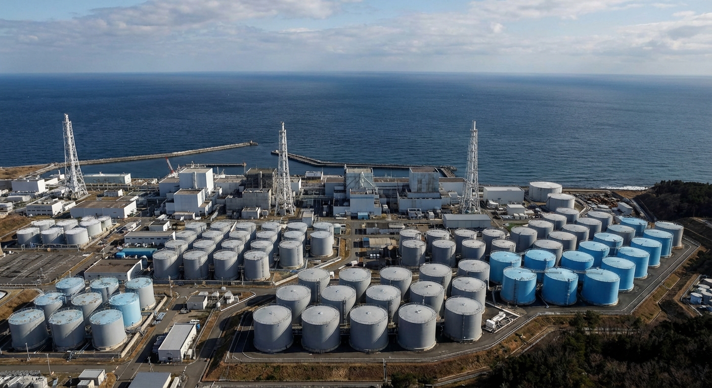 Aerial view showing Fukushima Daiichi plant infrastructure, tanks, and nearby coast in neutral daylight.