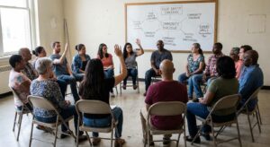 Community members in a small meeting room having a calm, civil discussion about food safety and public concerns.