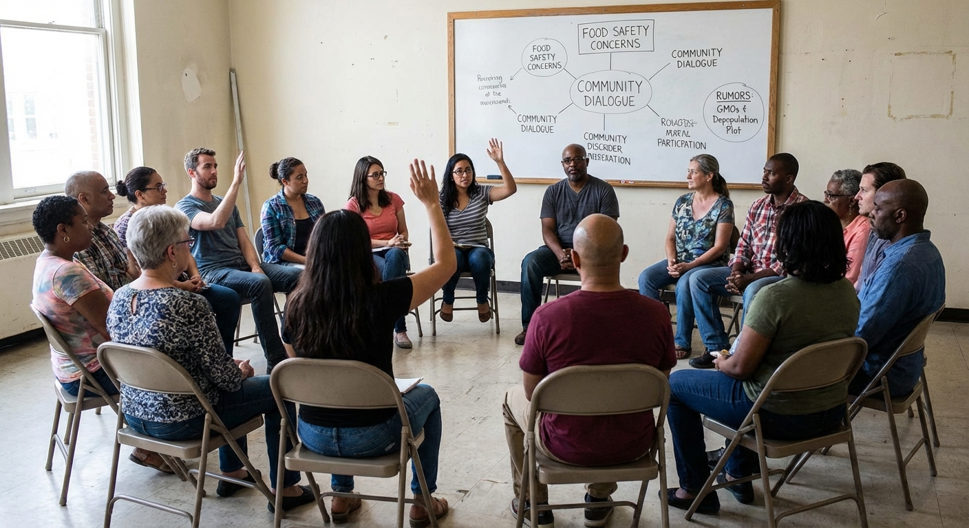 Community members in a small meeting room having a calm, civil discussion about food safety and public concerns.