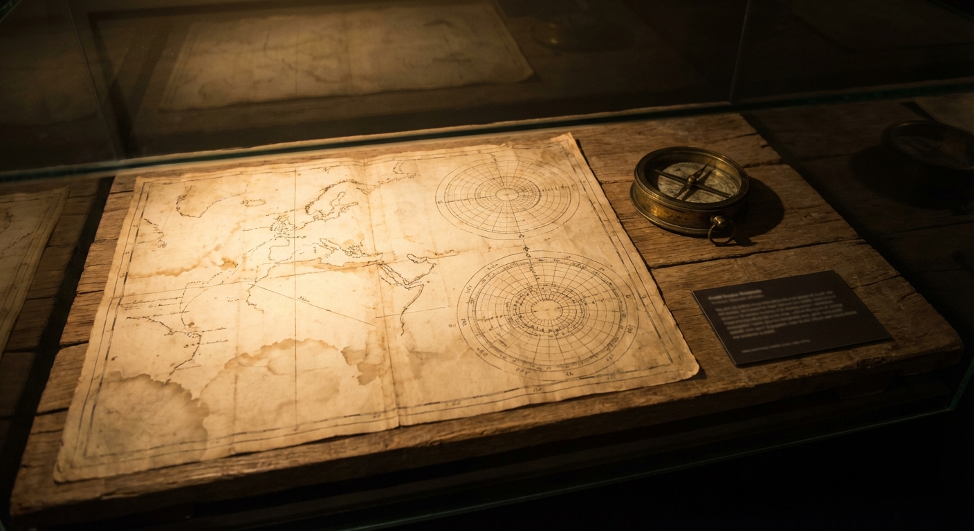 Museum display of an old polar map and a brass compass laid on a wooden table under soft lighting.