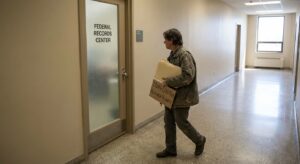 Visitor walking in front of a federal archive building carrying research folders in daylight.