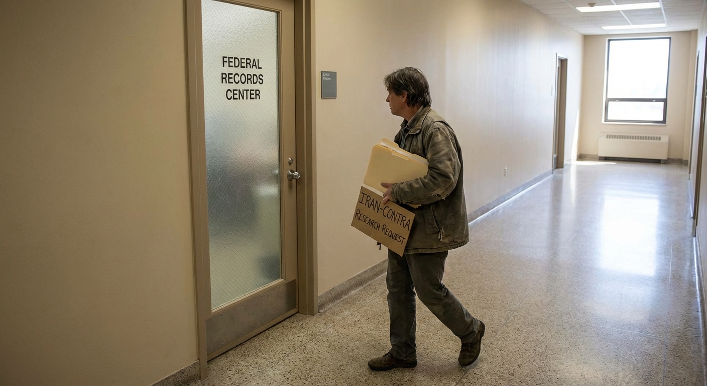 Visitor walking in front of a federal archive building carrying research folders in daylight.