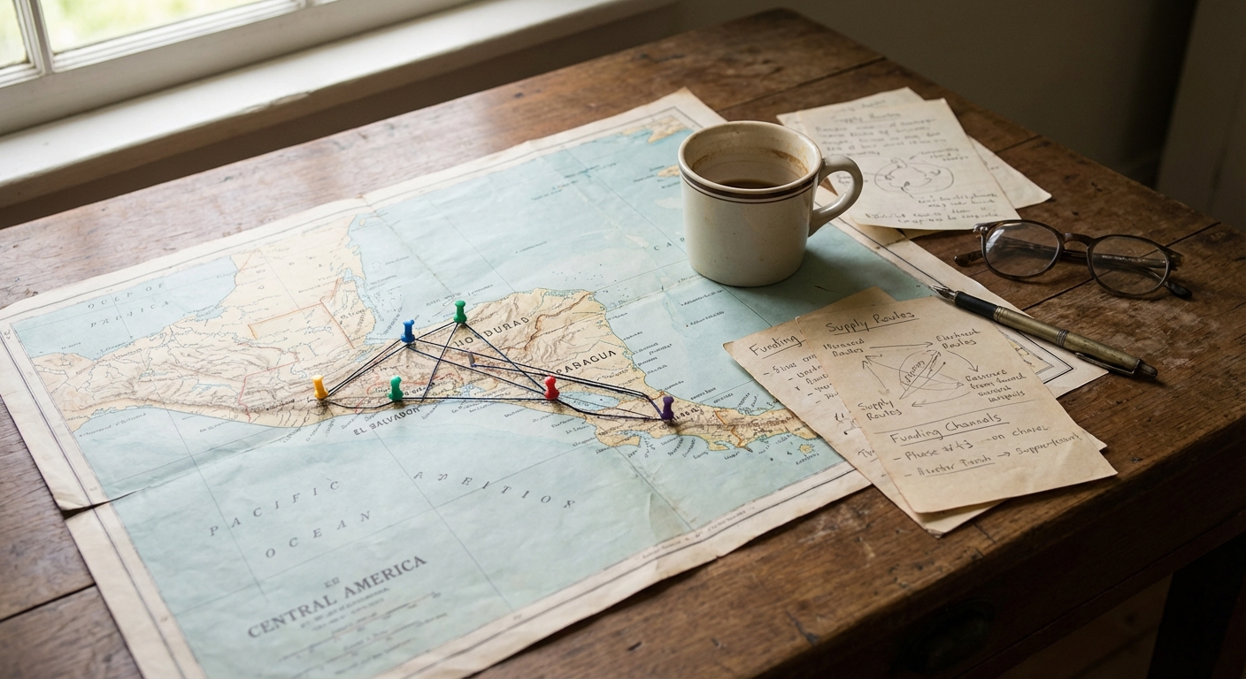Map of Central America on a table with pins and string connecting locations, notes and a coffee cup nearby.