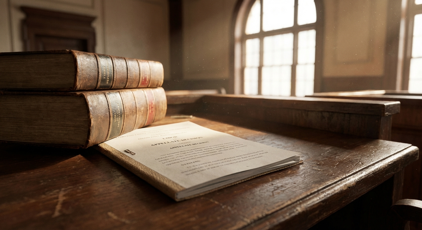 Courtroom detail with legal volumes and a visible appellate decision, suggesting litigation and appeals.