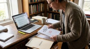 Researcher studying printed regulatory and court documents at a desk with a laptop and highlighter.