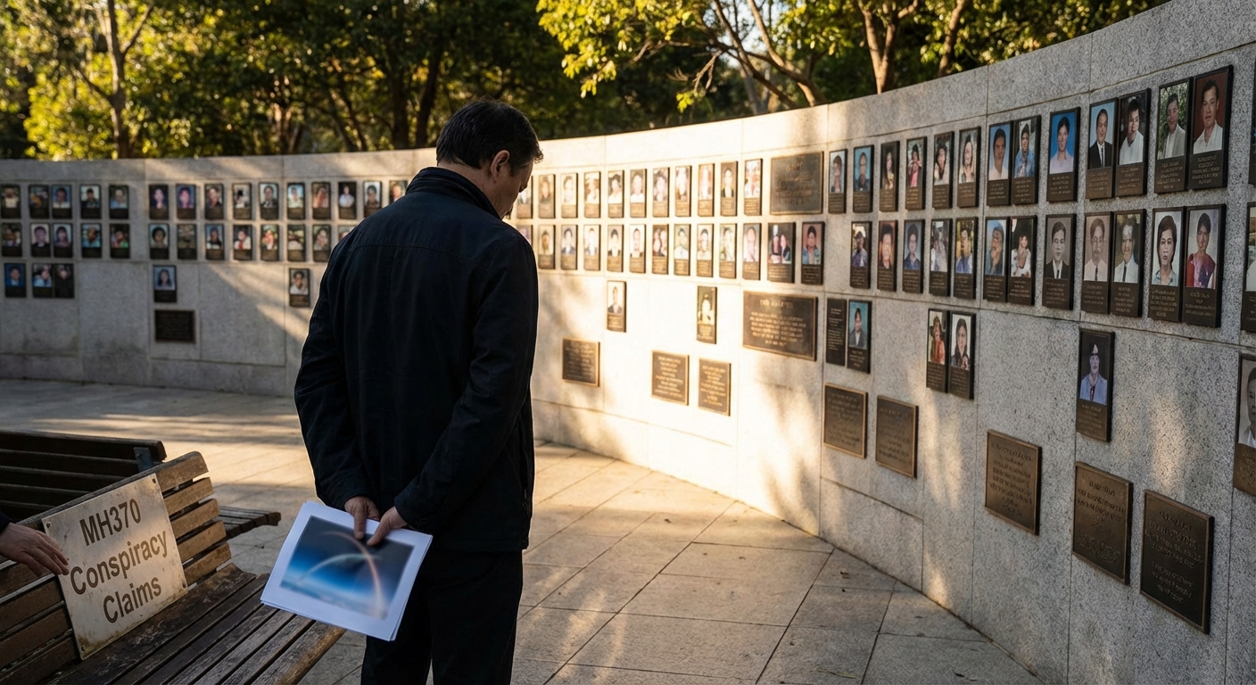 Memorial wall with framed photos of victims and a solitary investigator holding papers in quiet reflection.