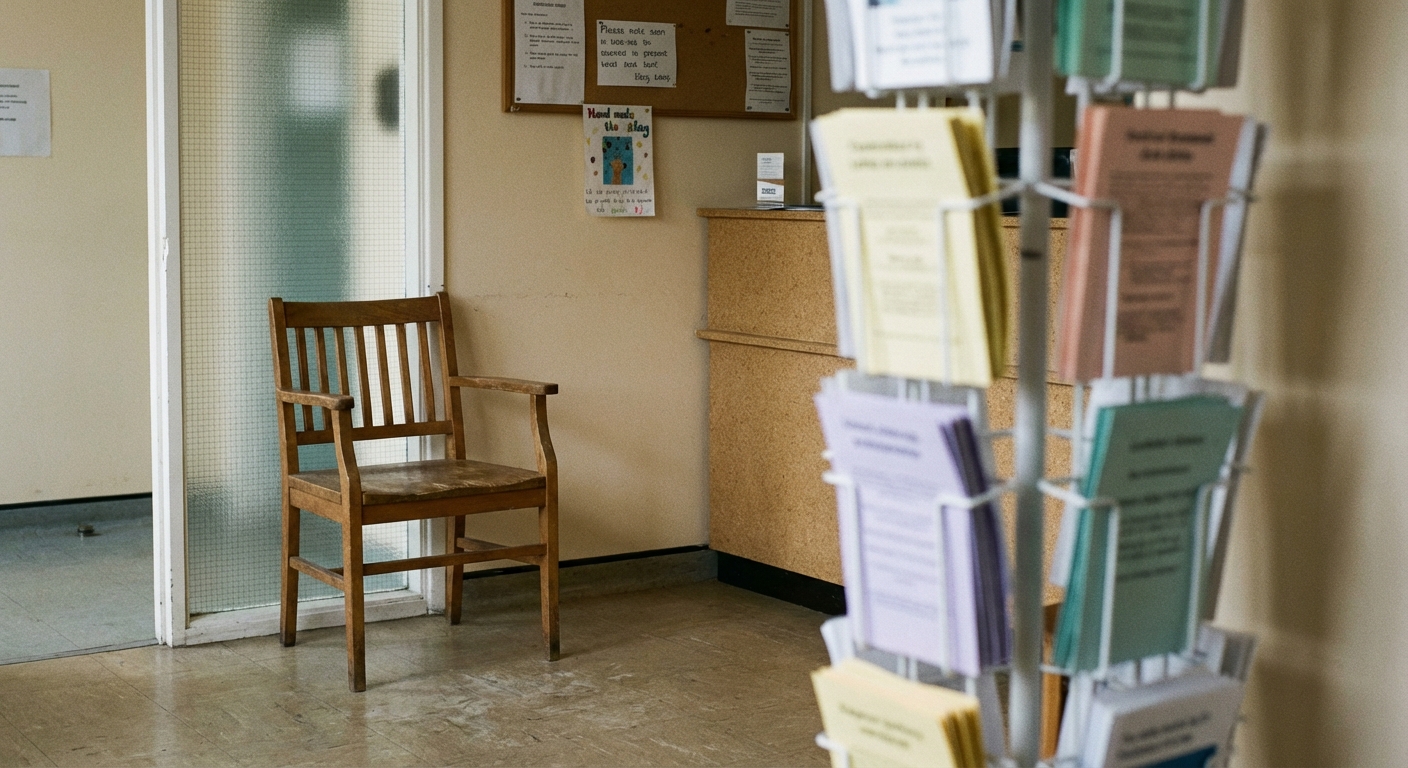 Quiet clinic reception with an empty chair and a blurred leaflet rack, conveying small‑clinic context.