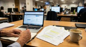 Reporter’s desk with laptop and printed fact‑check materials, scene implying investigative work into viral claims.