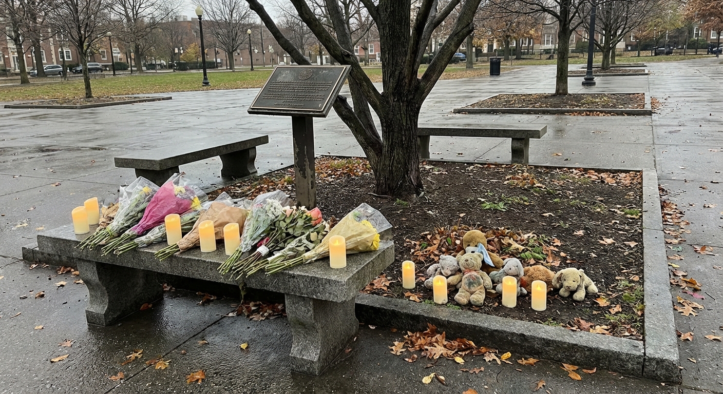 A respectful memorial scene with flowers and candles at a public site, shot without people present.
