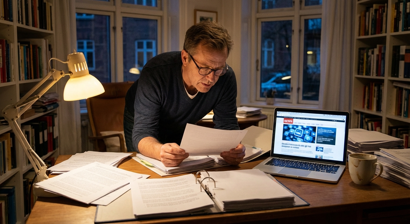 Researcher at a desk reading reports and legal documents, laptop open, documentary lighting.