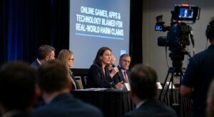 Panel session with an expert speaking on technology and youth safety at a formal conference, camera and microphones present.