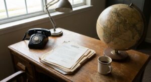 A 1950s office desk with a globe, rotary phone and stacked typed documents under a desk lamp.