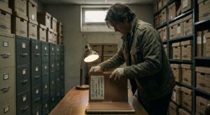 Archivist opening a manila folder in a dim archive room with rows of file cabinets.