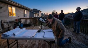 An amateur astronomer sets up a small telescope in a backyard at twilight with star charts on a table.