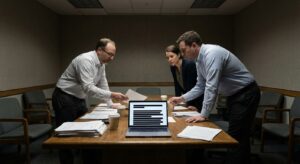 A small team of analysts examines redacted documents in a government-style conference room setting.