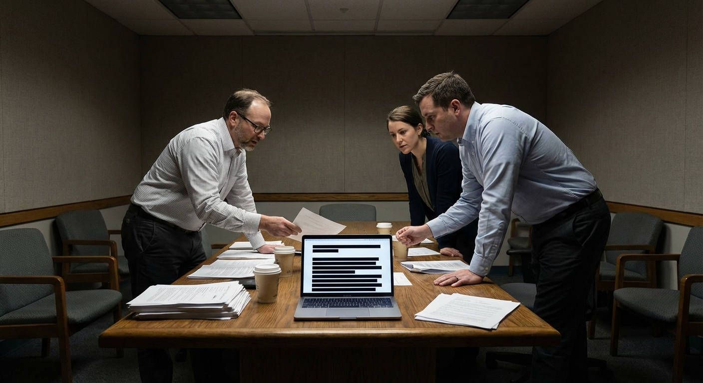 A small team of analysts examines redacted documents in a government-style conference room setting.