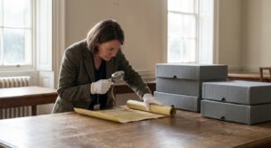 Archivist unrolling archival memorandum on a wooden table with archival boxes and gentle natural light.