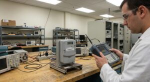 Technician in a lab setting taking RF measurements from a smart meter test setup.