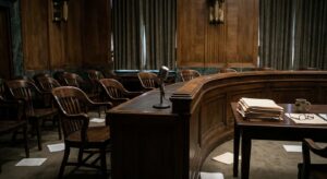Empty congressional hearing room with a central microphone and rows of chairs.