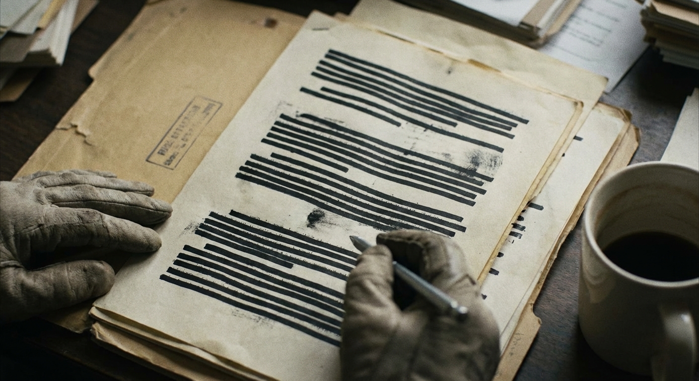 Close-up of hands and a redacted declassified memorandum on a table, coffee cup at the edge.