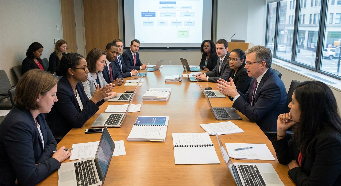 Medical experts in a guideline meeting room surrounded by research papers and laptops.