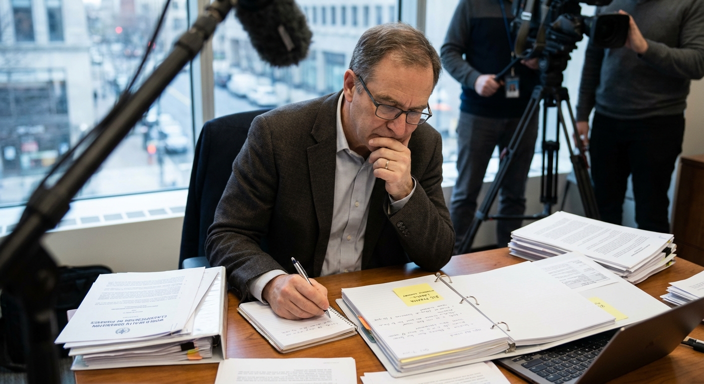Policy analyst reviewing classification documents and evidence summaries at a desk.