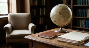 A globe beside an empty chair and closed notebook on a desk, symbolizing global discussions without sensationalism.