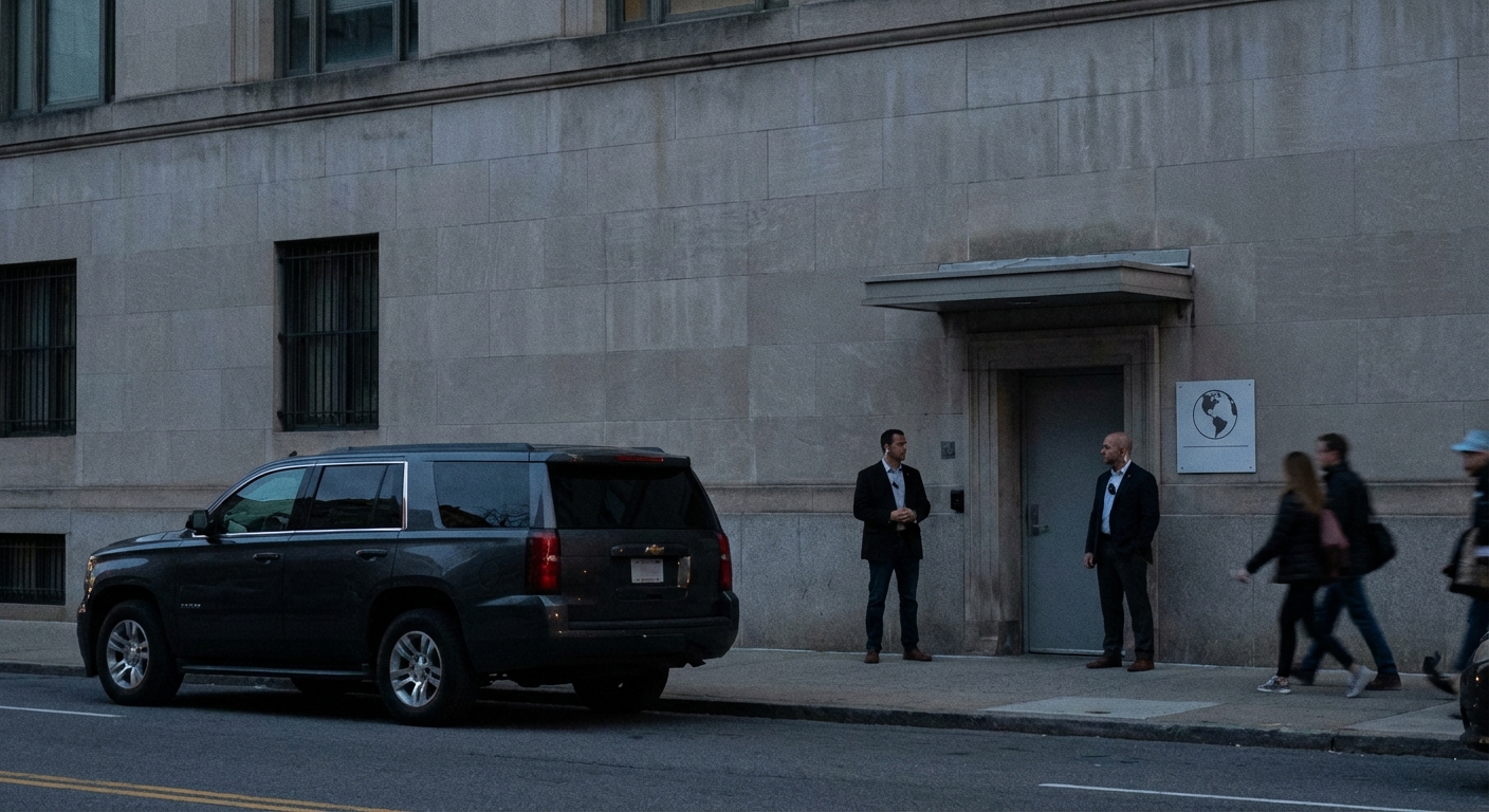 An unmarked hotel entrance at dusk with low-key security and a parked car, suggesting a private high-level meeting.