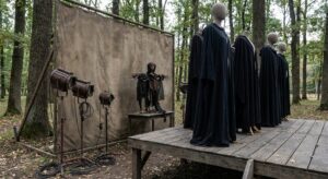 Close, neutral image of an outdoor theatrical set with robed mannequins and stage lights at a woodland lake.