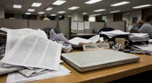 Newsroom desk with investigative documents and laptop suggesting a privacy investigation.