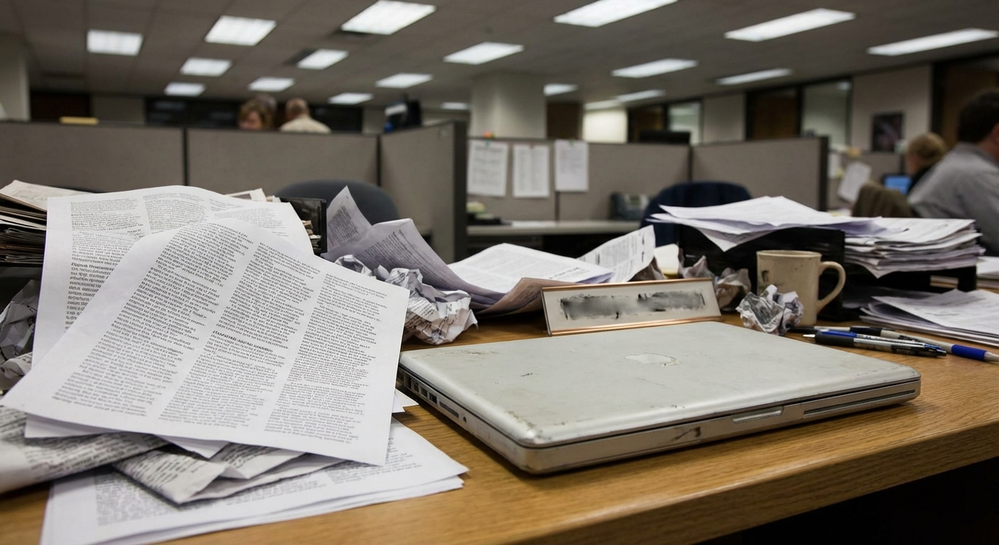 Newsroom desk with investigative documents and laptop suggesting a privacy investigation.