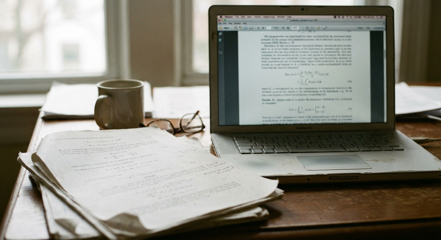 Desk with scientific papers and laptop displaying blurred technical pages, documentary detail.