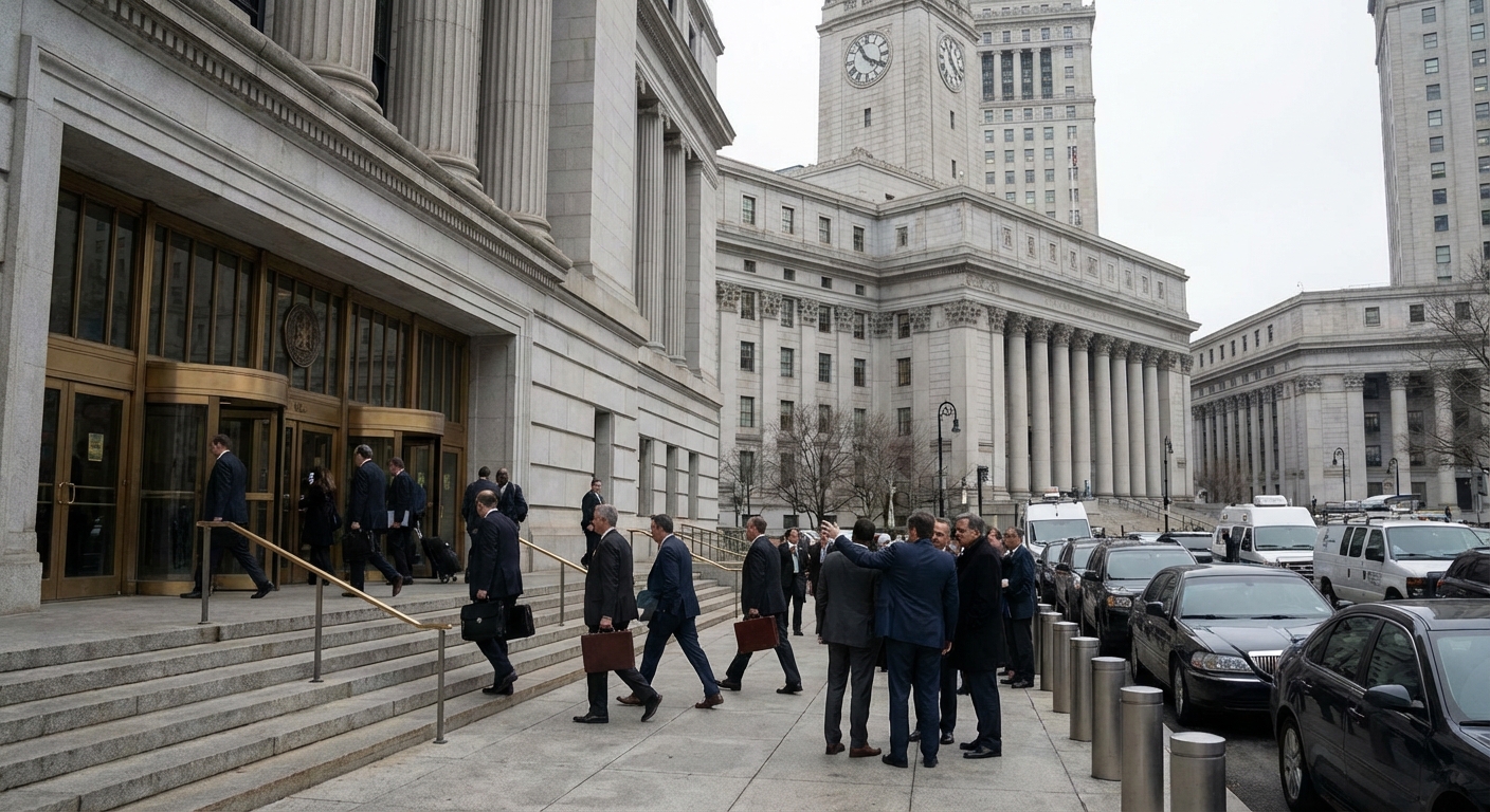 Courthouse exterior with visitors and a legal atmosphere, photographed from public sidewalk distance.