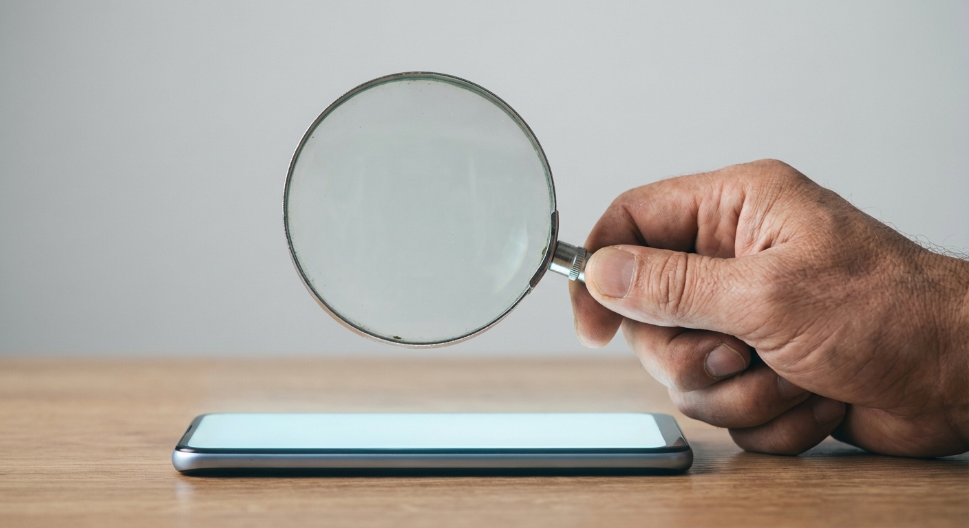 Hand holding a magnifying glass over a smartphone screen, symbolic of consumer scrutiny.