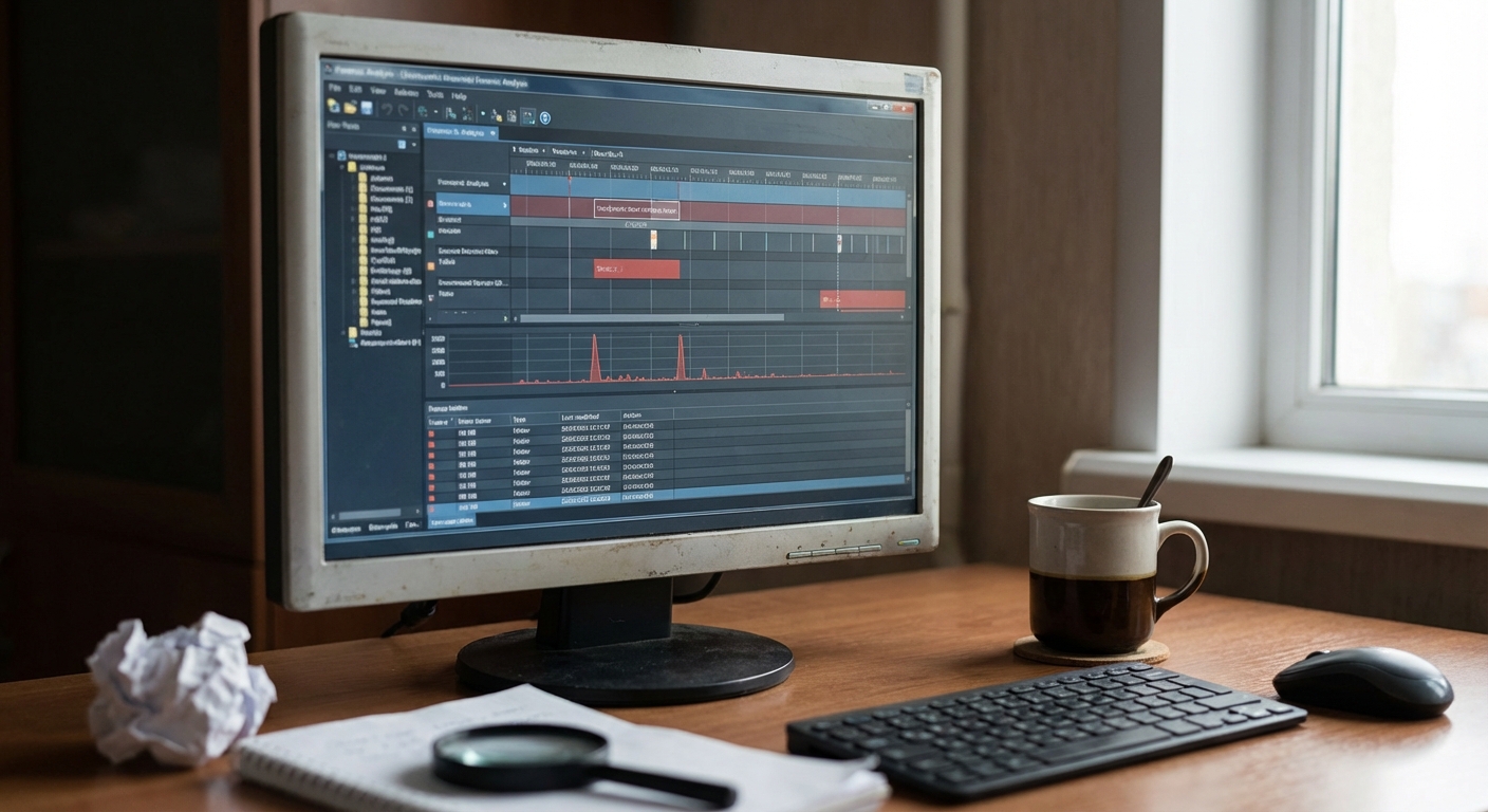 Monitor showing forensic image-analysis interface used for technical review of screenshots.